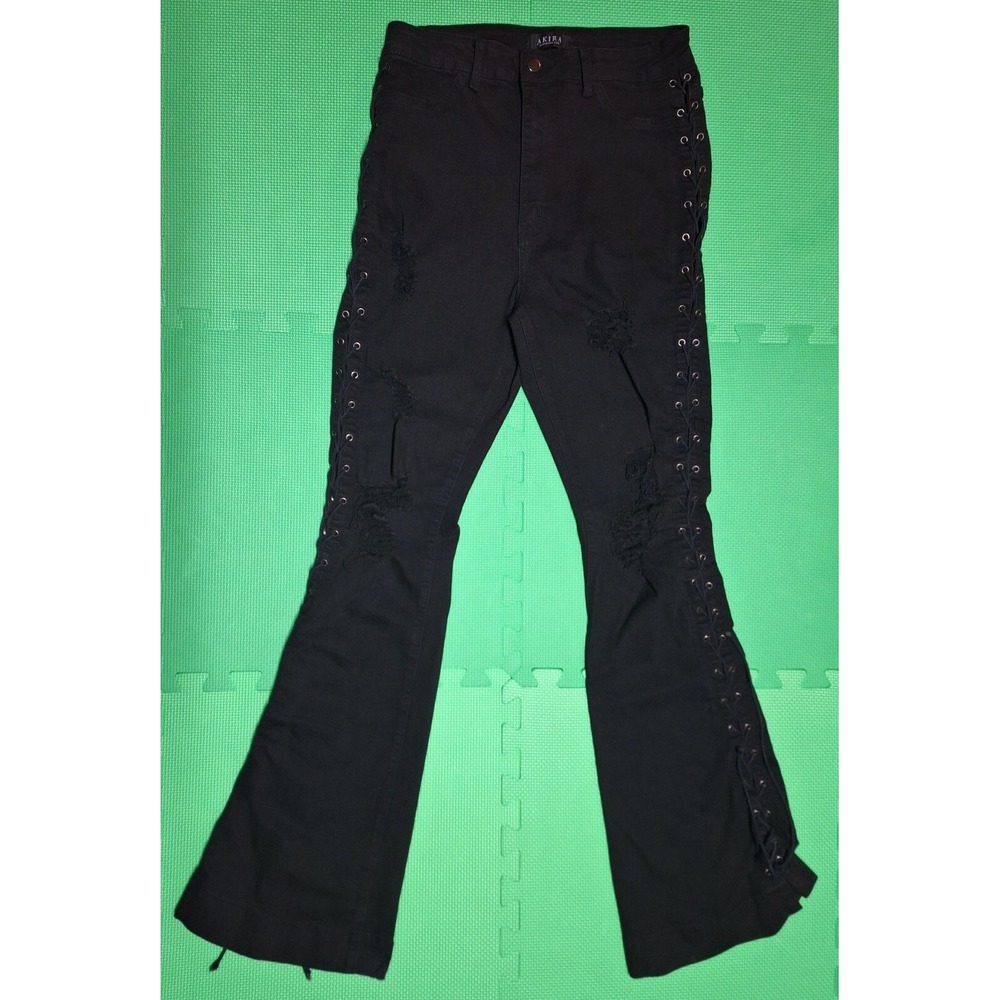 Akira Black Side Lace Up Distressed Ripped Jeans Bottom Flare Sz 17 Women's